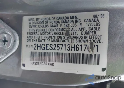 2003 Honda Civic Ex из США, поврежденный, VIN 2HGES25713H617071